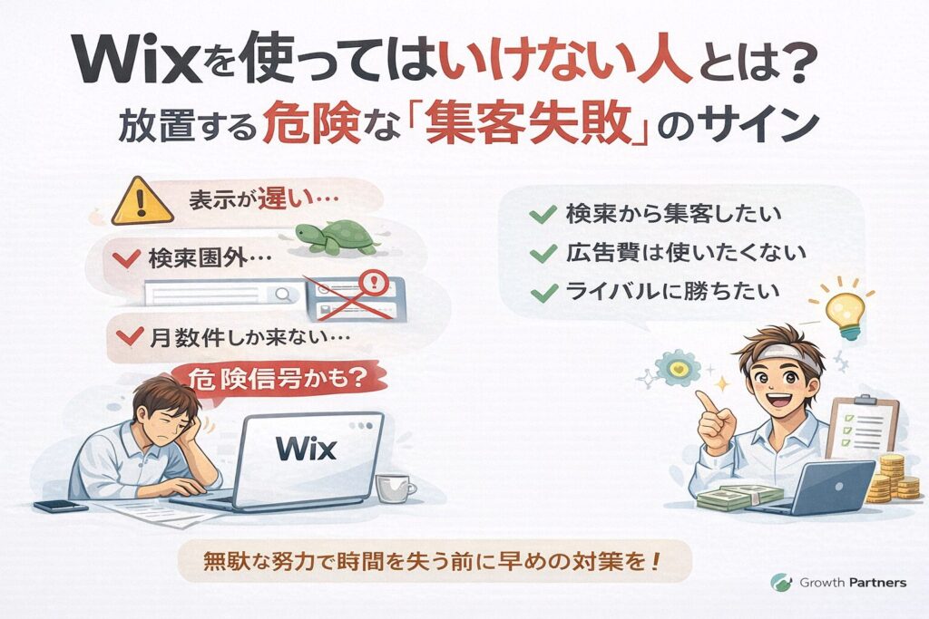 Wixで集客に失敗する事業者の特徴と危険サインを、悩む経営者と改善策を示す対比イラストで解説したアイキャッチ画像