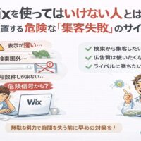 Wixで集客に失敗する事業者の特徴と危険サインを、悩む経営者と改善策を示す対比イラストで解説したアイキャッチ画像