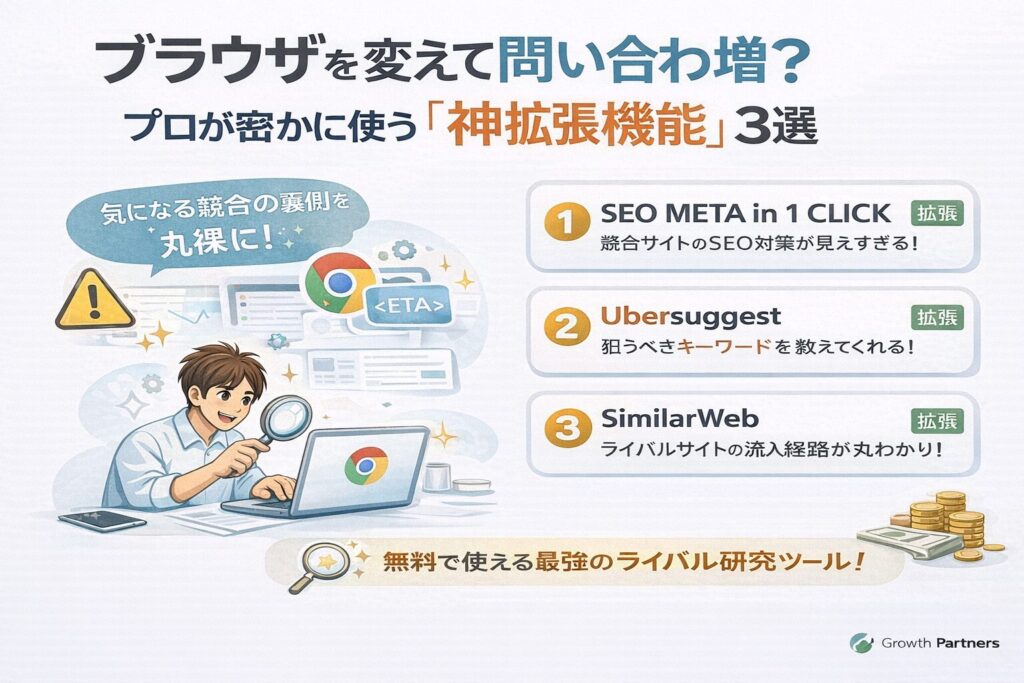 ブラウザを活用したWeb集客分析を解説するイラスト。Chrome拡張機能で競合サイトのSEOや流入経路を調査する様子を表現
