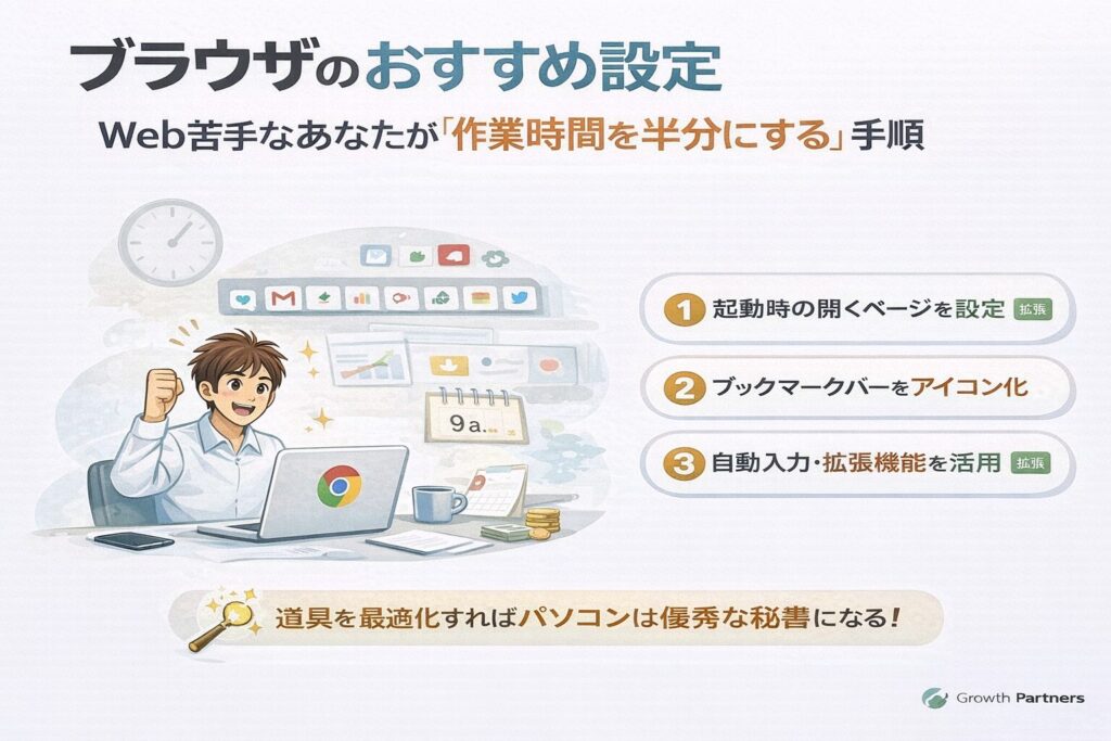 ブラウザのおすすめ設定で作業時間を半分にする方法を解説するイラスト。Google Chromeを使い、起動時設定・ブックマーク整理・自動入力で業務効率を高める内容を視覚的に表現している。