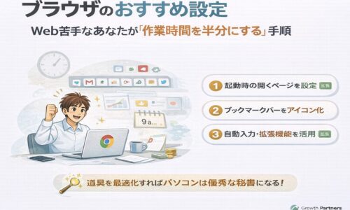 ブラウザのおすすめ設定で作業時間を半分にする方法を解説するイラスト。Google Chromeを使い、起動時設定・ブックマーク整理・自動入力で業務効率を高める内容を視覚的に表現している。