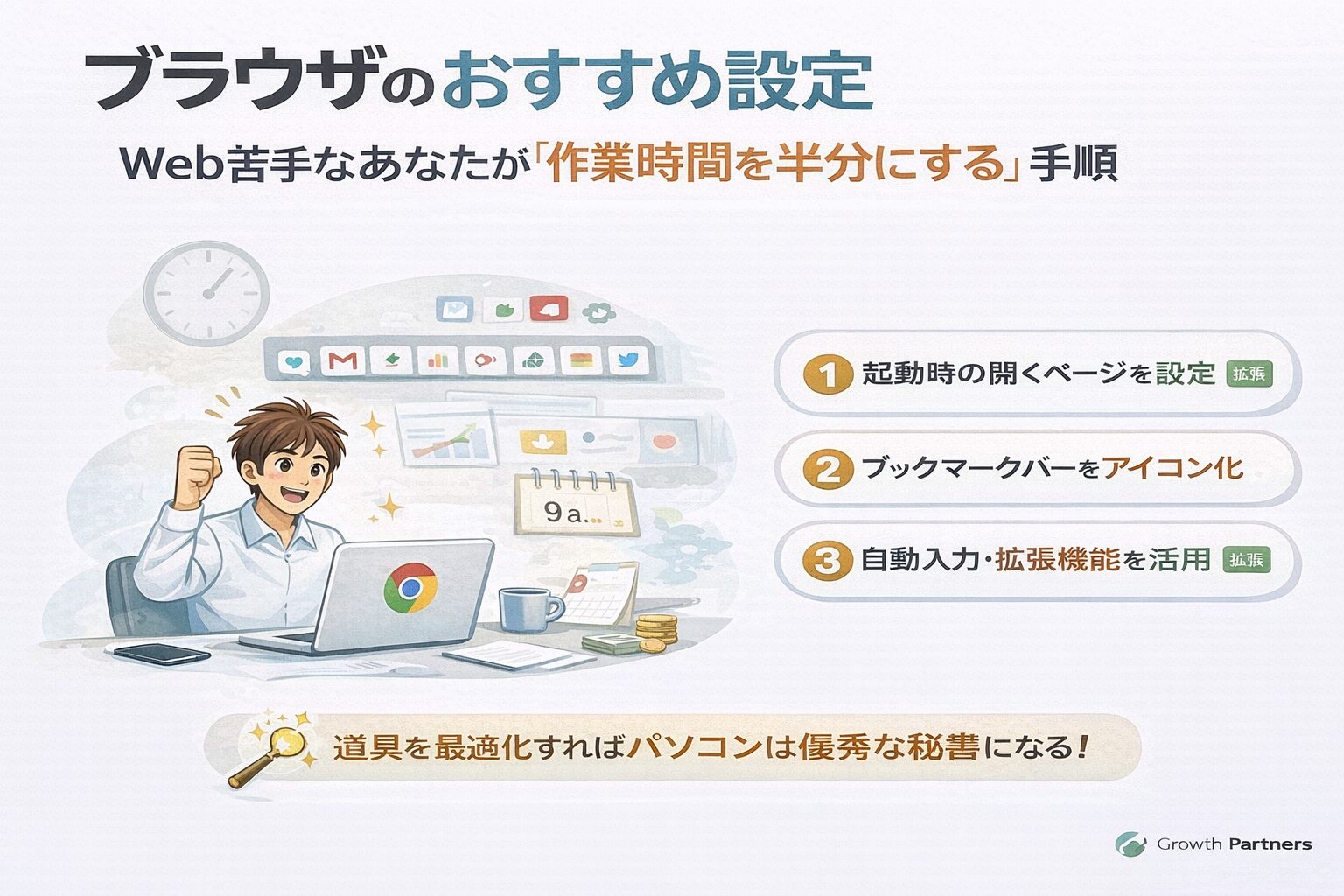ブラウザのおすすめ設定で作業時間を半分にする方法を解説するイラスト。Google Chromeを使い、起動時設定・ブックマーク整理・自動入力で業務効率を高める内容を視覚的に表現している。