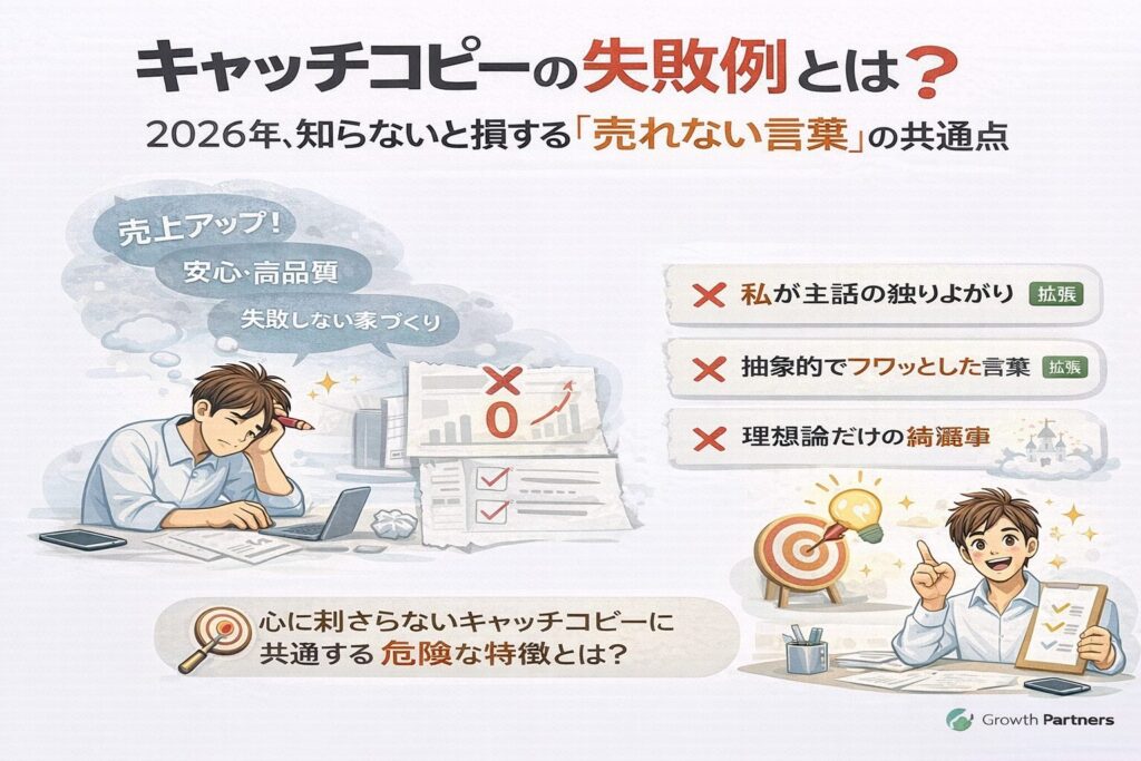 キャッチコピーの失敗例を示し、売れない言葉の共通点と改善のヒントを解説するビジネス向けアイキャッチ画像