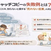 キャッチコピーの失敗例を示し、売れない言葉の共通点と改善のヒントを解説するビジネス向けアイキャッチ画像