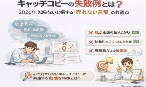 キャッチコピーの失敗例を示し、売れない言葉の共通点と改善のヒントを解説するビジネス向けアイキャッチ画像