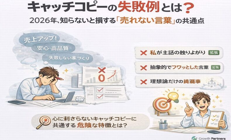 キャッチコピーの失敗例を示し、売れない言葉の共通点と改善のヒントを解説するビジネス向けアイキャッチ画像