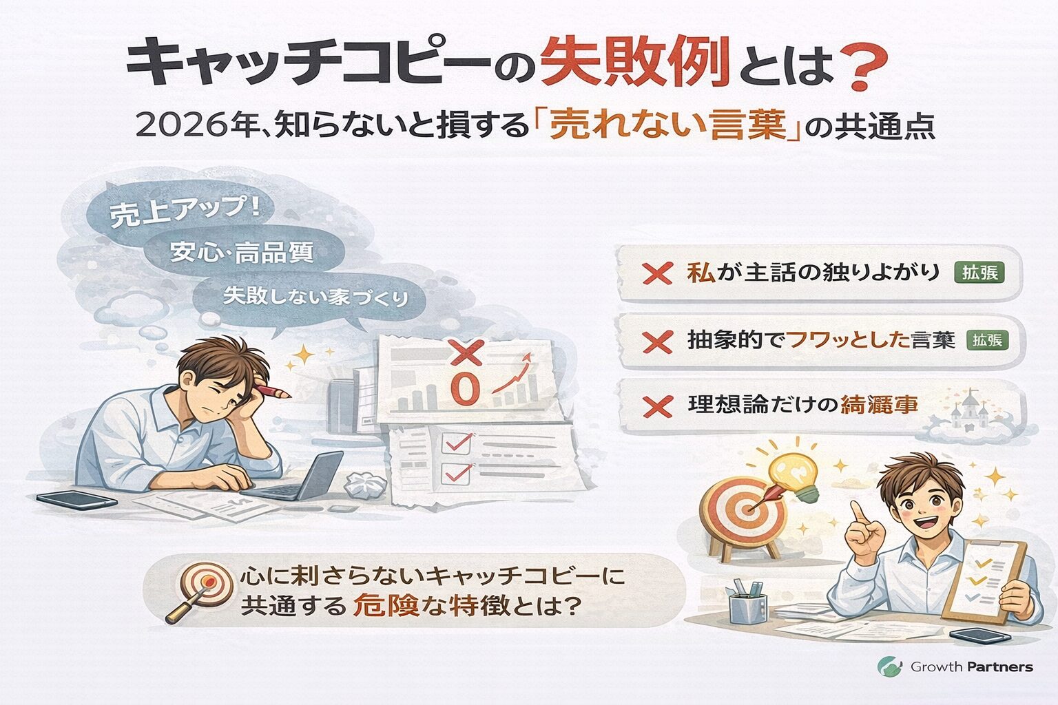 キャッチコピーの失敗例を示し、売れない言葉の共通点と改善のヒントを解説するビジネス向けアイキャッチ画像