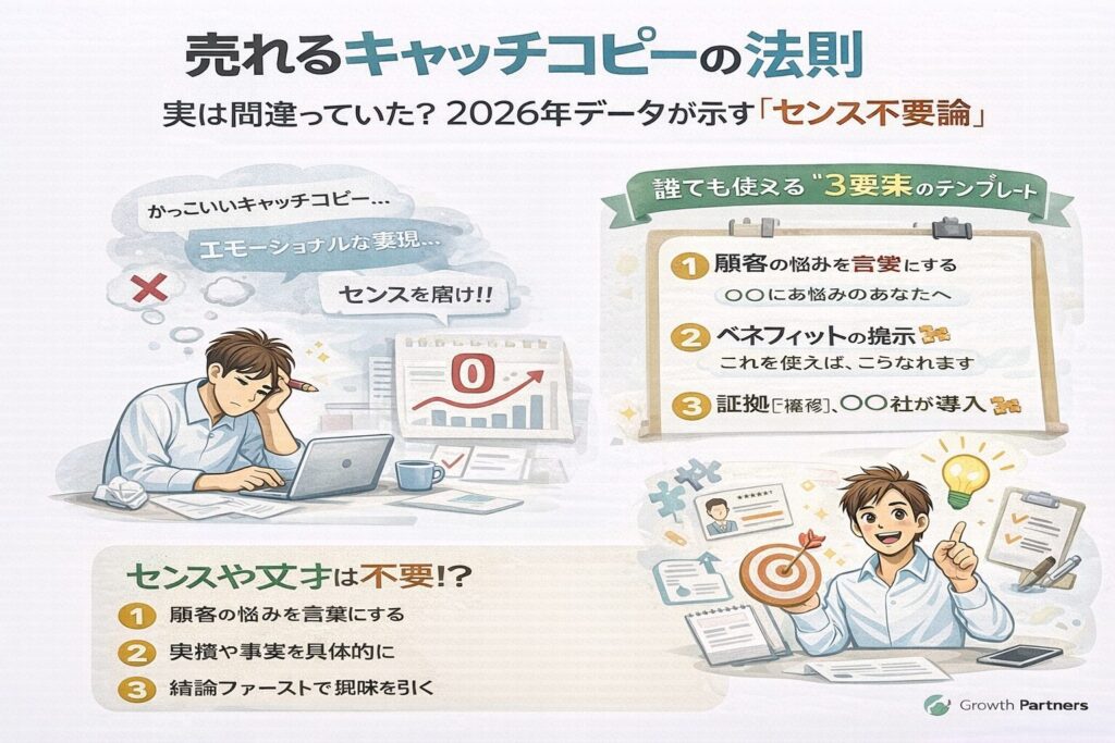 売れるキャッチコピーの法則を解説する図解イラスト。悩む事業者と成果を出す事業者を対比し、2026年はセンス不要で成果が出るコピーの型が重要であることを示している画像