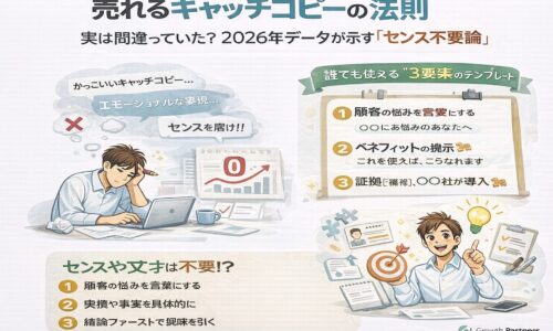 売れるキャッチコピーの法則を解説する図解イラスト。悩む事業者と成果を出す事業者を対比し、2026年はセンス不要で成果が出るコピーの型が重要であることを示している画像
