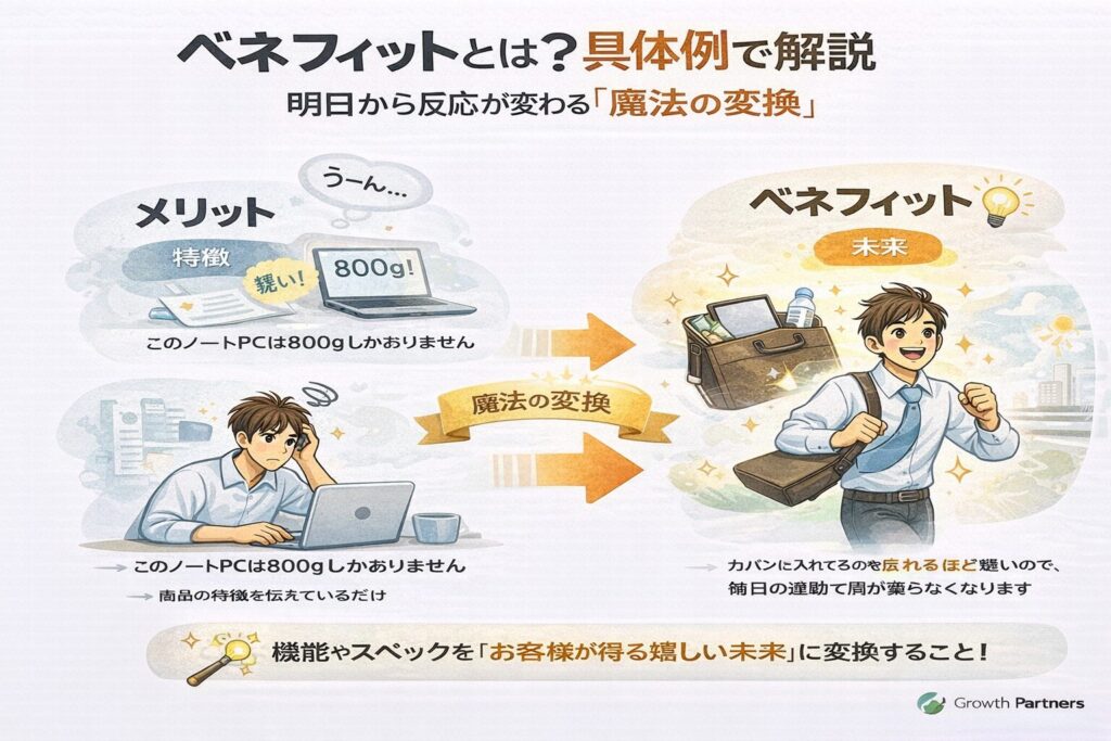 ベネフィットとは何かを図解で解説したイラスト。商品の特徴（800gのノートPC）を、お客様が得る未来（通勤時の肩こり軽減）に変換する流れを示している画像。