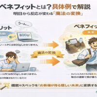 ベネフィットとは何かを図解で解説したイラスト。商品の特徴（800gのノートPC）を、お客様が得る未来（通勤時の肩こり軽減）に変換する流れを示している画像。