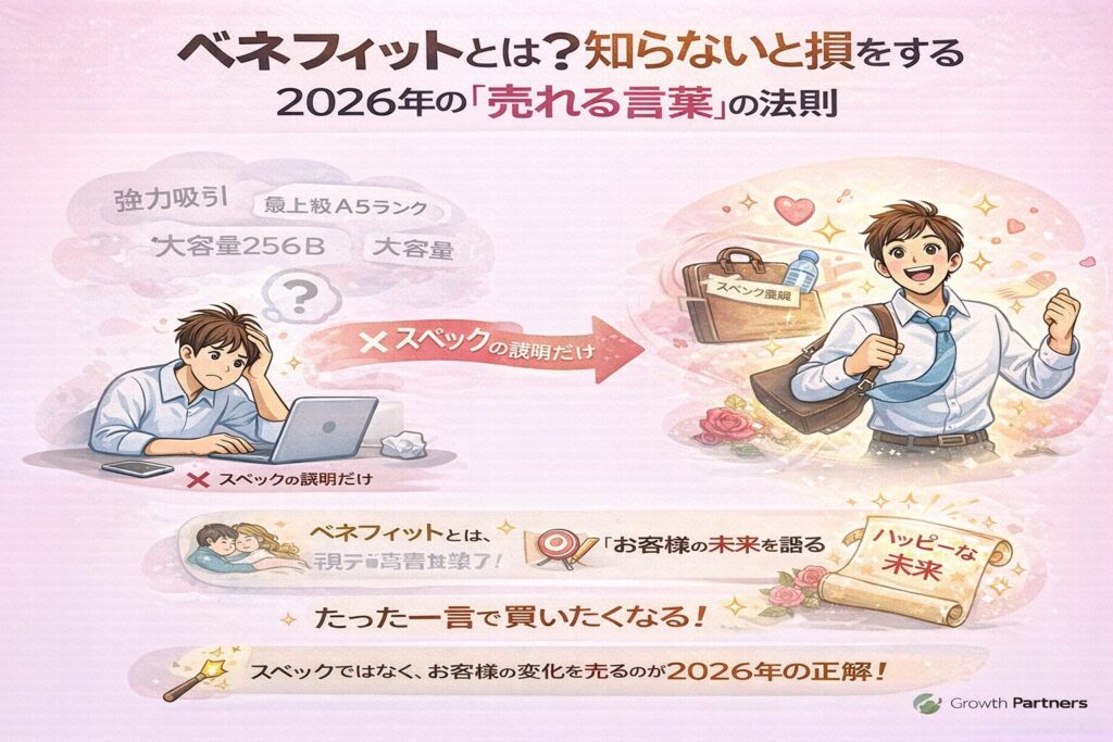 2026年に売れる言葉の考え方として、ベネフィットを理解し、商品スペックではなく顧客の未来を伝える重要性を解説した図解アイキャッチ画像