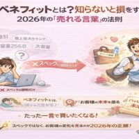 2026年に売れる言葉の考え方として、ベネフィットを理解し、商品スペックではなく顧客の未来を伝える重要性を解説した図解アイキャッチ画像