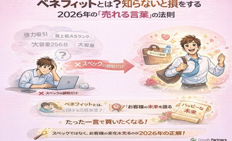 2026年に売れる言葉の考え方として、ベネフィットを理解し、商品スペックではなく顧客の未来を伝える重要性を解説した図解アイキャッチ画像