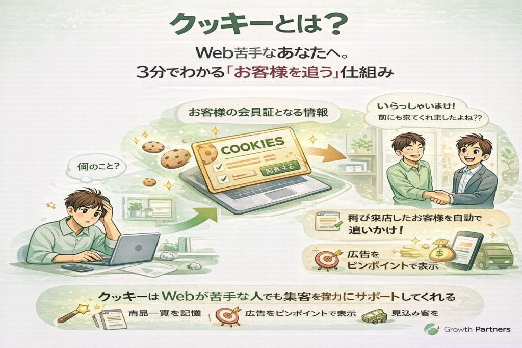 Webが苦手な事業主向けに、クッキーとは何かを会員証の例えで図解し、再来店や追客の仕組みを分かりやすく説明したイラスト