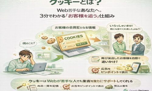 Webが苦手な事業主向けに、クッキーとは何かを会員証の例えで図解し、再来店や追客の仕組みを分かりやすく説明したイラスト