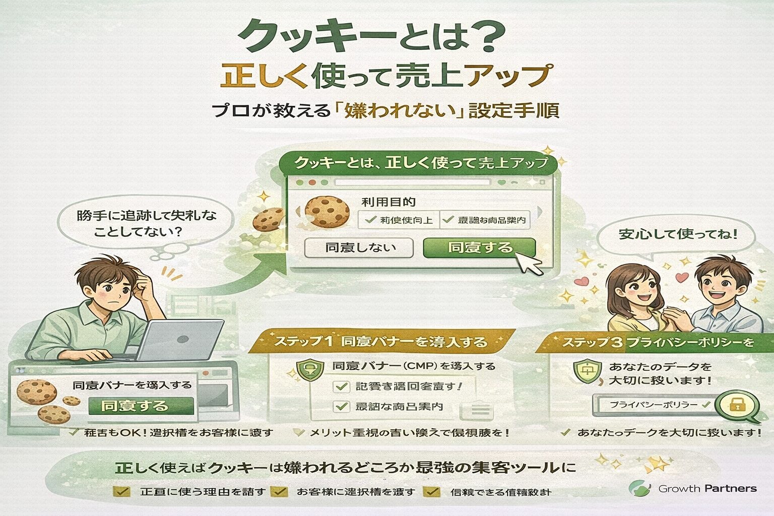 クッキーとは何かを図解で解説し、同意バナーの正しい使い方と嫌われずに売上アップする設定手順を示したインフォグラフィック
