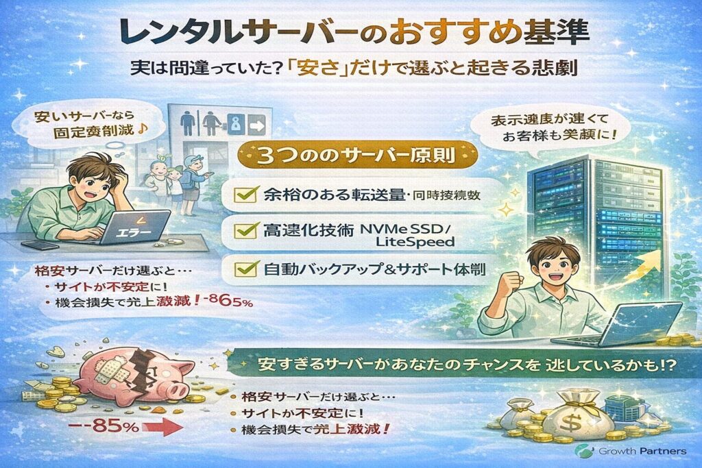 青を基調としたシンプルな背景に、サーバーと速度を象徴するアイコンを配置し、サーバーレンタル選びがSEOと集客成果に直結することを視覚的に伝えるアイキャッチ画像