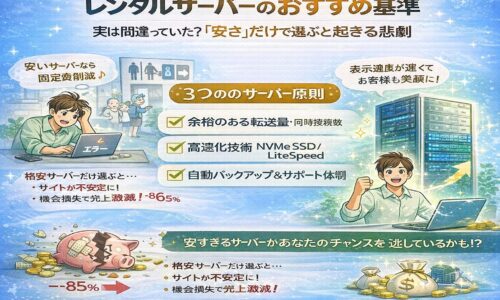 青を基調としたシンプルな背景に、サーバーと速度を象徴するアイコンを配置し、サーバーレンタル選びがSEOと集客成果に直結することを視覚的に伝えるアイキャッチ画像