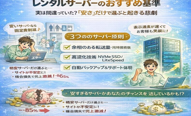 青を基調としたシンプルな背景に、サーバーと速度を象徴するアイコンを配置し、サーバーレンタル選びがSEOと集客成果に直結することを視覚的に伝えるアイキャッチ画像