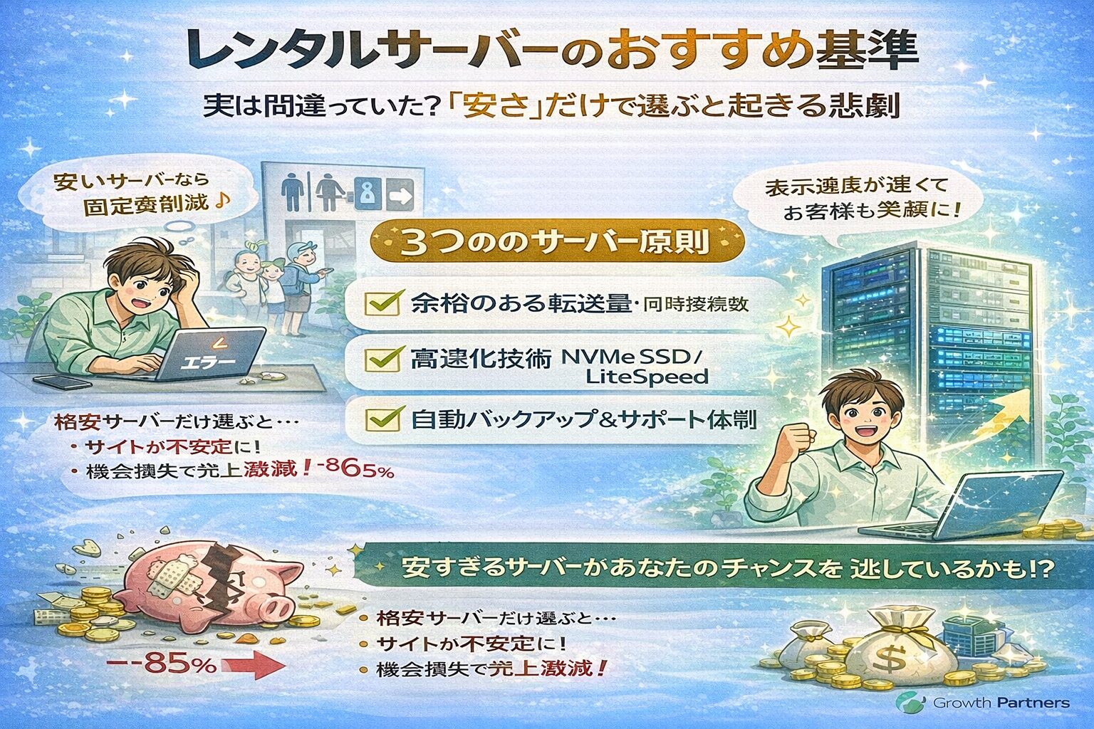 青を基調としたシンプルな背景に、サーバーと速度を象徴するアイコンを配置し、サーバーレンタル選びがSEOと集客成果に直結することを視覚的に伝えるアイキャッチ画像