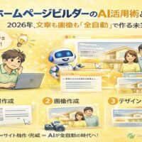 AIを活用したホームページビルダーで、文章や画像を自動生成しサイト制作を行う仕組みを解説したイメージ図