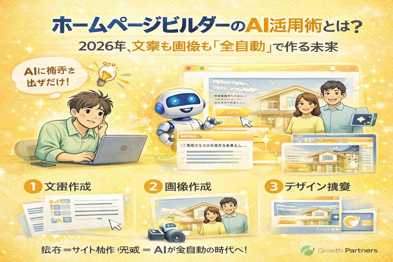 AIを活用したホームページビルダーで、文章や画像を自動生成しサイト制作を行う仕組みを解説したイメージ図