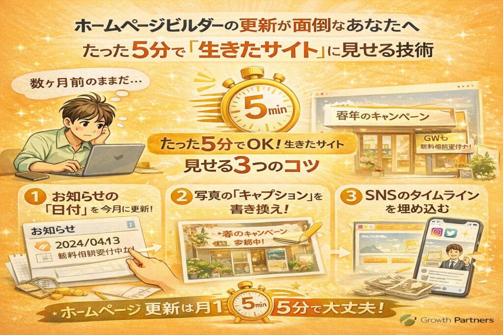 ホームページビルダーで作ったサイトを、たった5分の簡単な更新作業で生きたサイトに見せる方法を図解で解説したイラスト