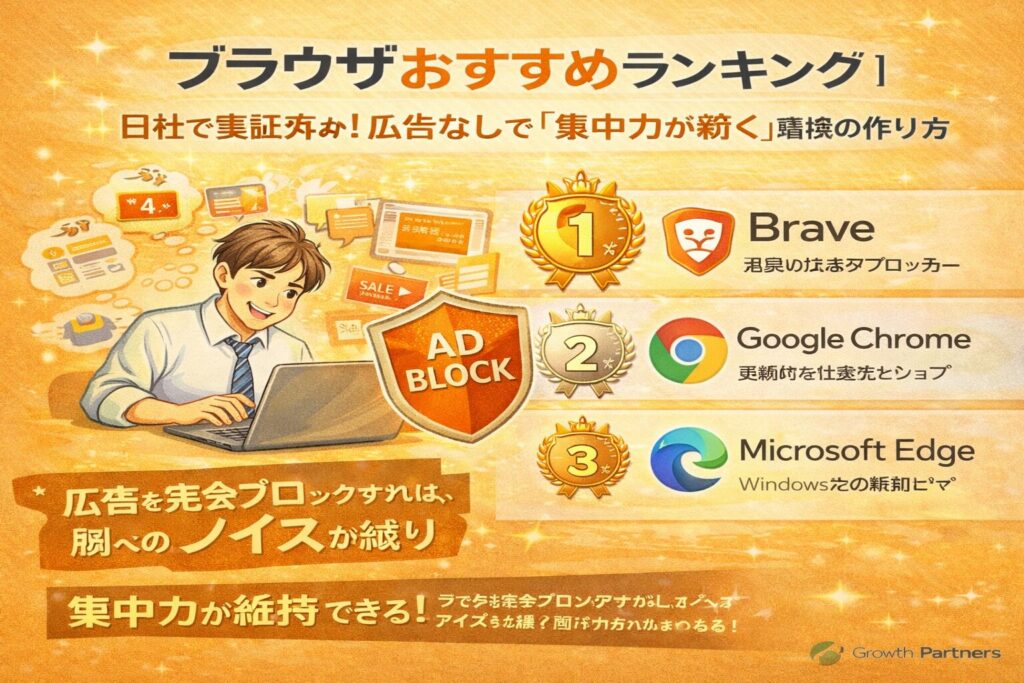 広告をブロックして集中力を高めるブラウザおすすめランキングを解説したアイキャッチ画像。Brave・Chrome・Edgeを比較し、生産性向上を訴求しているビジュアル。