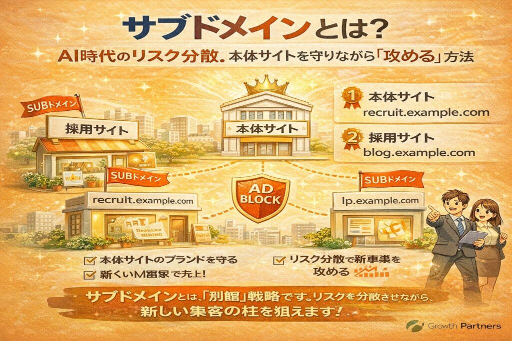 サブドメインとは何かを図解で解説し、本体サイトを守りながら新規事業や採用サイトを展開するリスク分散戦略を示したイラスト
