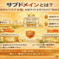 サブドメインとは何かを図解で解説し、本体サイトを守りながら新規事業や採用サイトを展開するリスク分散戦略を示したイラスト