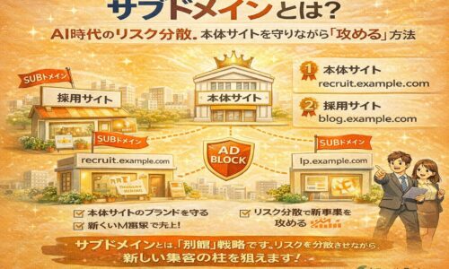 サブドメインとは何かを図解で解説し、本体サイトを守りながら新規事業や採用サイトを展開するリスク分散戦略を示したイラスト