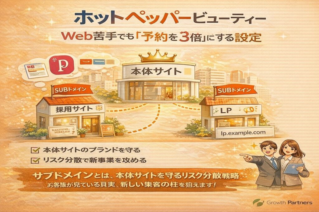 サブドメインとは何かを図解で説明するインフォグラフィック。URL構造の例を用いて、メインドメインとの違いや役割を初心者向けに解説している画像。