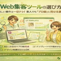黄緑色の背景で、AIやテンプレートを活用したweb集客ツールの選び方を解説するイラスト。初心者でもプロ級に見せる仕組みを表現。