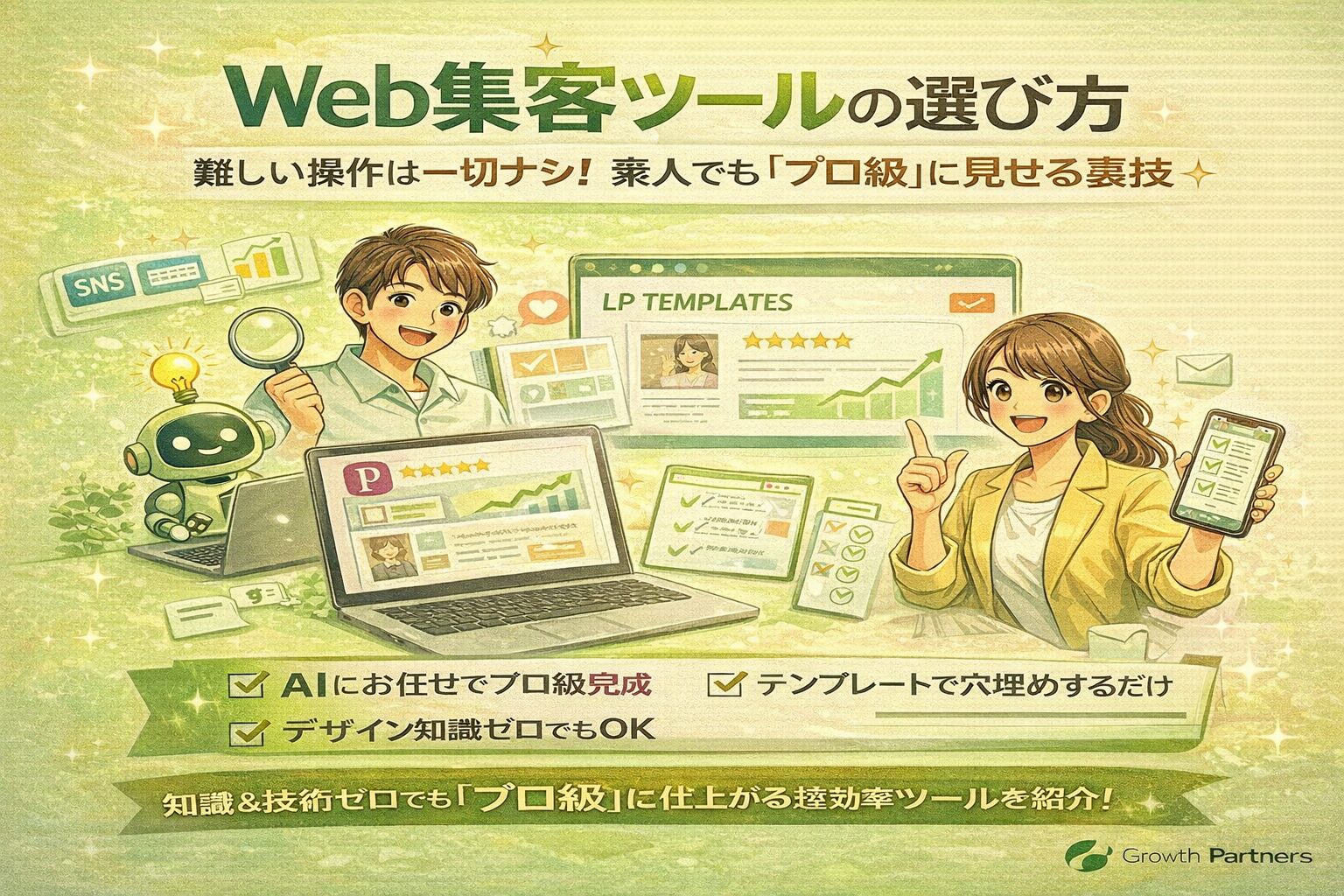 黄緑色の背景で、AIやテンプレートを活用したweb集客ツールの選び方を解説するイラスト。初心者でもプロ級に見せる仕組みを表現。