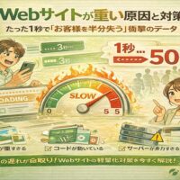 Webサイトの表示速度が遅い原因と対策を解説する図解イラスト。websiteが重くなる理由と1秒遅延で顧客を失うリスクを視覚的に示している。