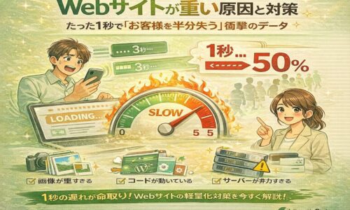 Webサイトの表示速度が遅い原因と対策を解説する図解イラスト。websiteが重くなる理由と1秒遅延で顧客を失うリスクを視覚的に示している。