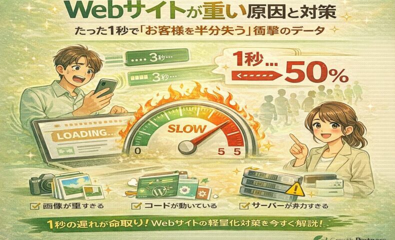 Webサイトの表示速度が遅い原因と対策を解説する図解イラスト。websiteが重くなる理由と1秒遅延で顧客を失うリスクを視覚的に示している。