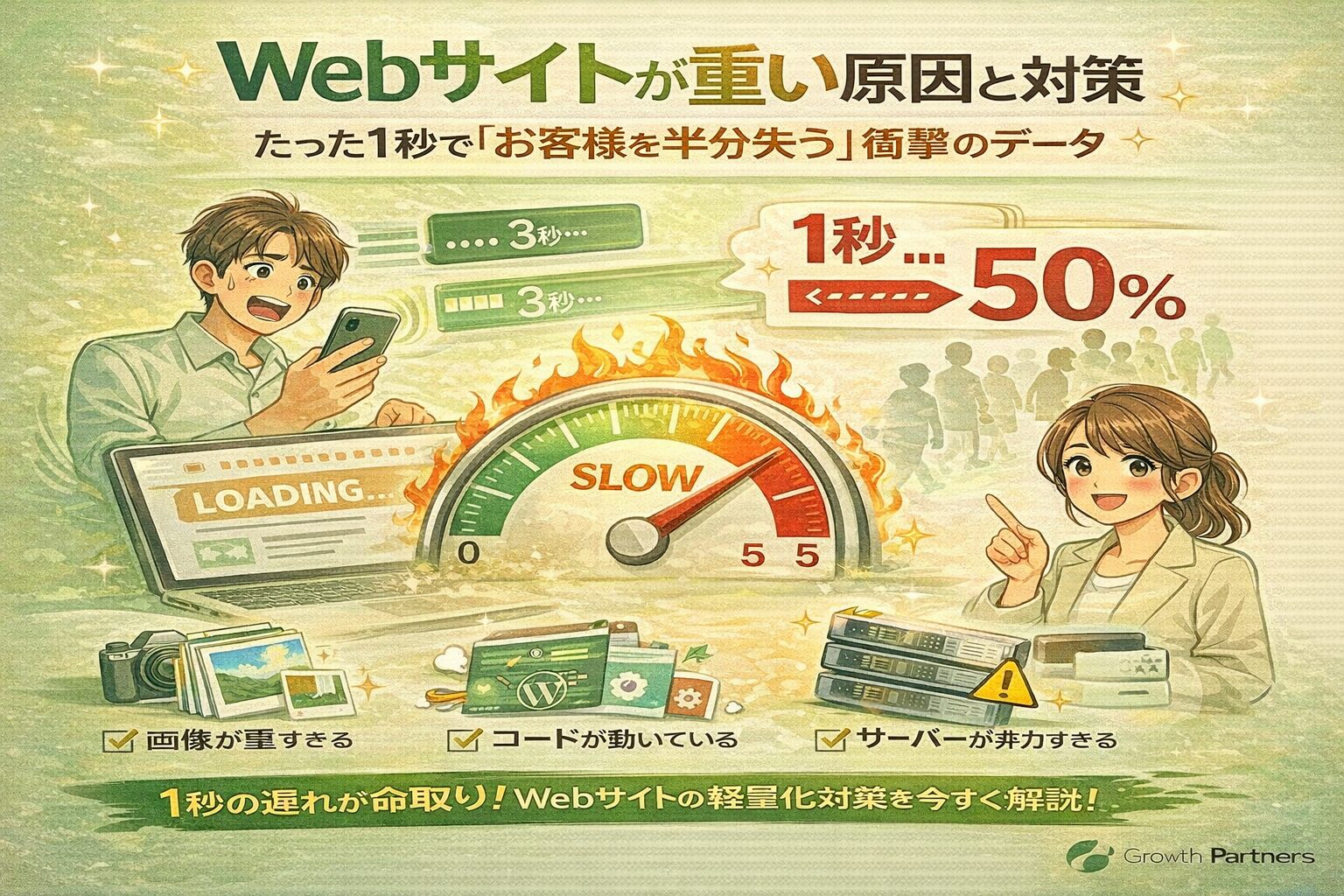 Webサイトの表示速度が遅い原因と対策を解説する図解イラスト。websiteが重くなる理由と1秒遅延で顧客を失うリスクを視覚的に示している。