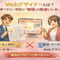 Webデザイナーとマーケターの役割の違いを対比で解説し、集客できない原因が職種の勘違いにあることを示したイラスト