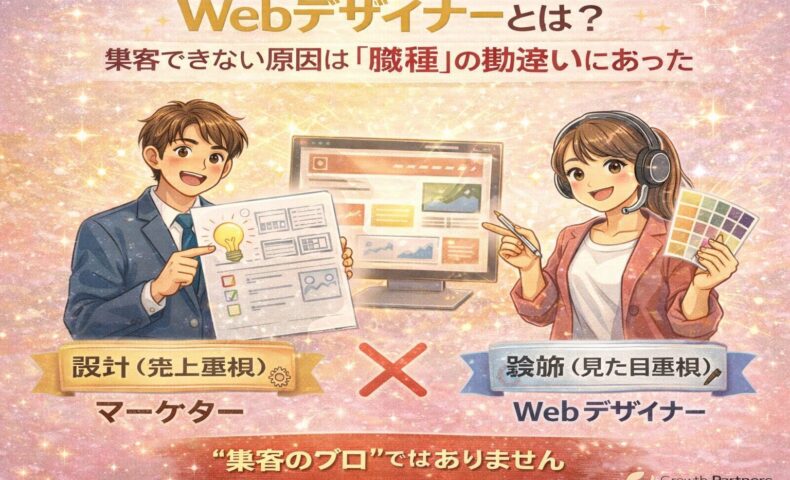 Webデザイナーとマーケターの役割の違いを対比で解説し、集客できない原因が職種の勘違いにあることを示したイラスト