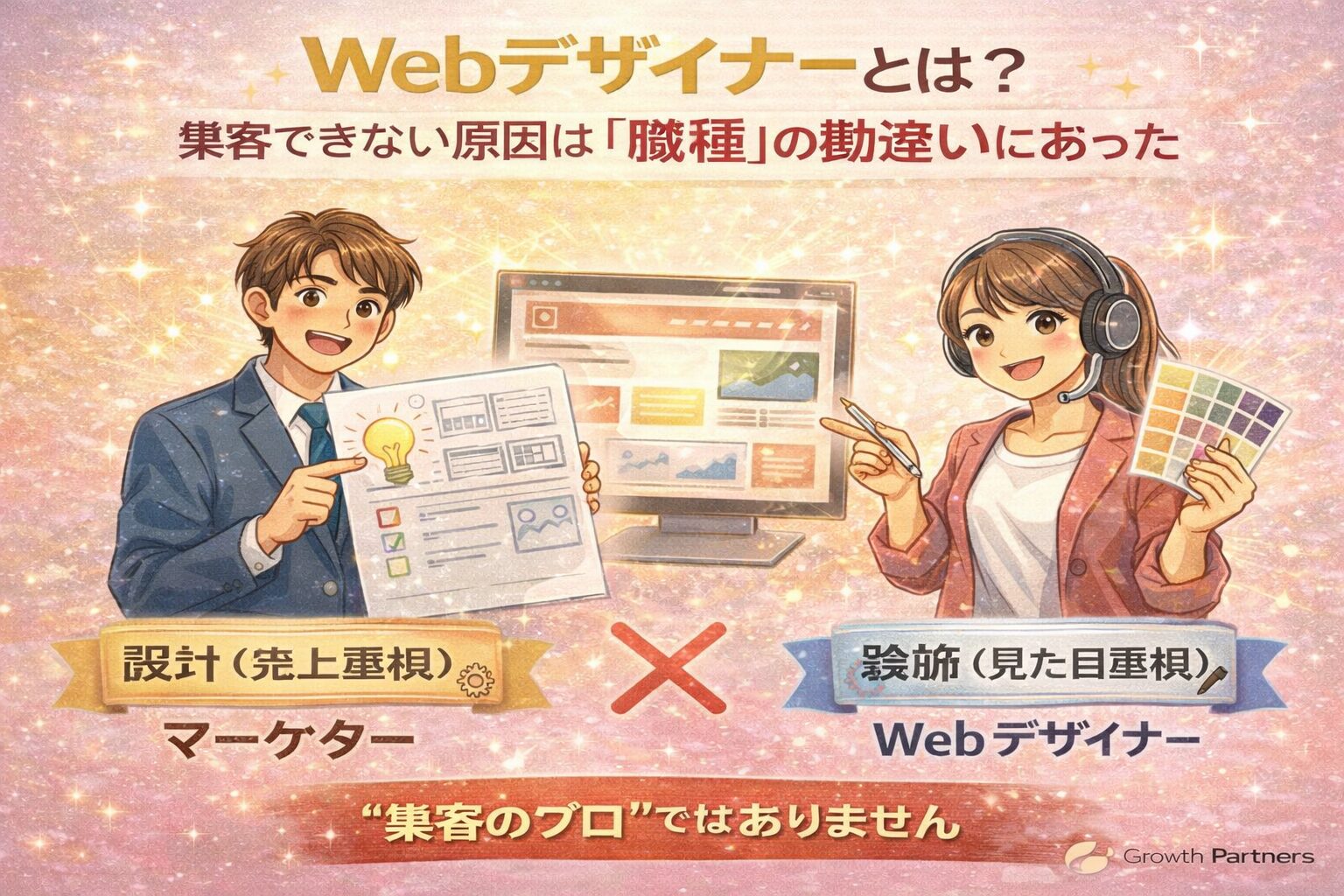 Webデザイナーとマーケターの役割の違いを対比で解説し、集客できない原因が職種の勘違いにあることを示したイラスト