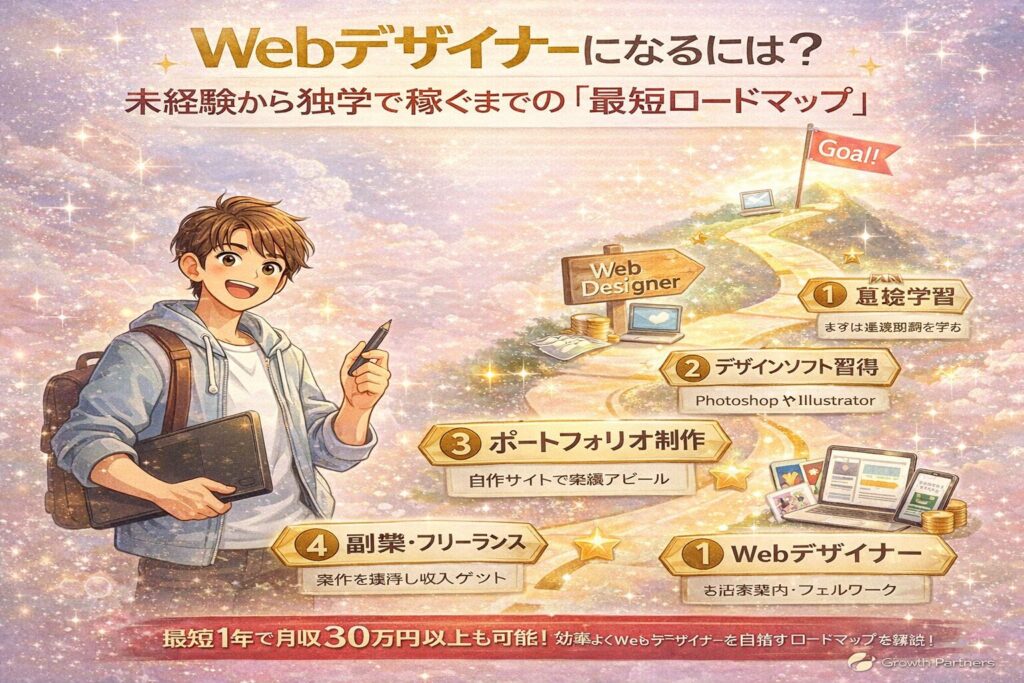 キラキラした背景に、Webデザイナーの成長ロードマップを視覚化したイラスト。未経験から独学で稼ぐまでの道筋を表現したアイキャッチ