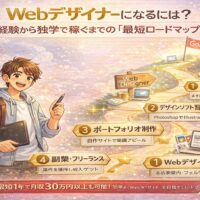 キラキラした背景に、Webデザイナーの成長ロードマップを視覚化したイラスト。未経験から独学で稼ぐまでの道筋を表現したアイキャッチ