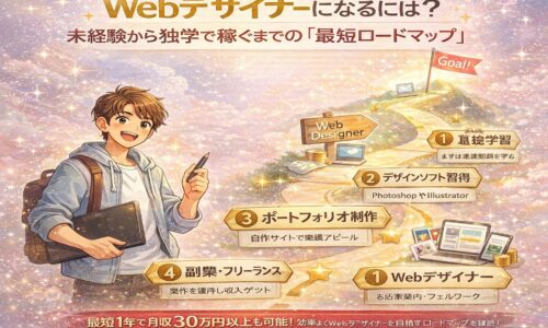 キラキラした背景に、Webデザイナーの成長ロードマップを視覚化したイラスト。未経験から独学で稼ぐまでの道筋を表現したアイキャッチ