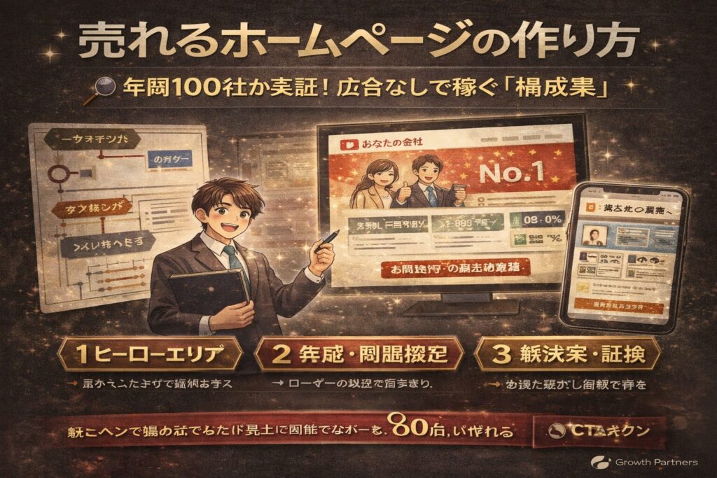 売れるホームページの作り方を解説する渋いトーンのアイキャッチ画像。設計図・構成・集客導線を重視したWeb制作の全体像を表現。