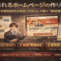 売れるホームページの作り方を解説する渋いトーンのアイキャッチ画像。設計図・構成・集客導線を重視したWeb制作の全体像を表現。