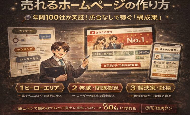 売れるホームページの作り方を解説する渋いトーンのアイキャッチ画像。設計図・構成・集客導線を重視したWeb制作の全体像を表現。