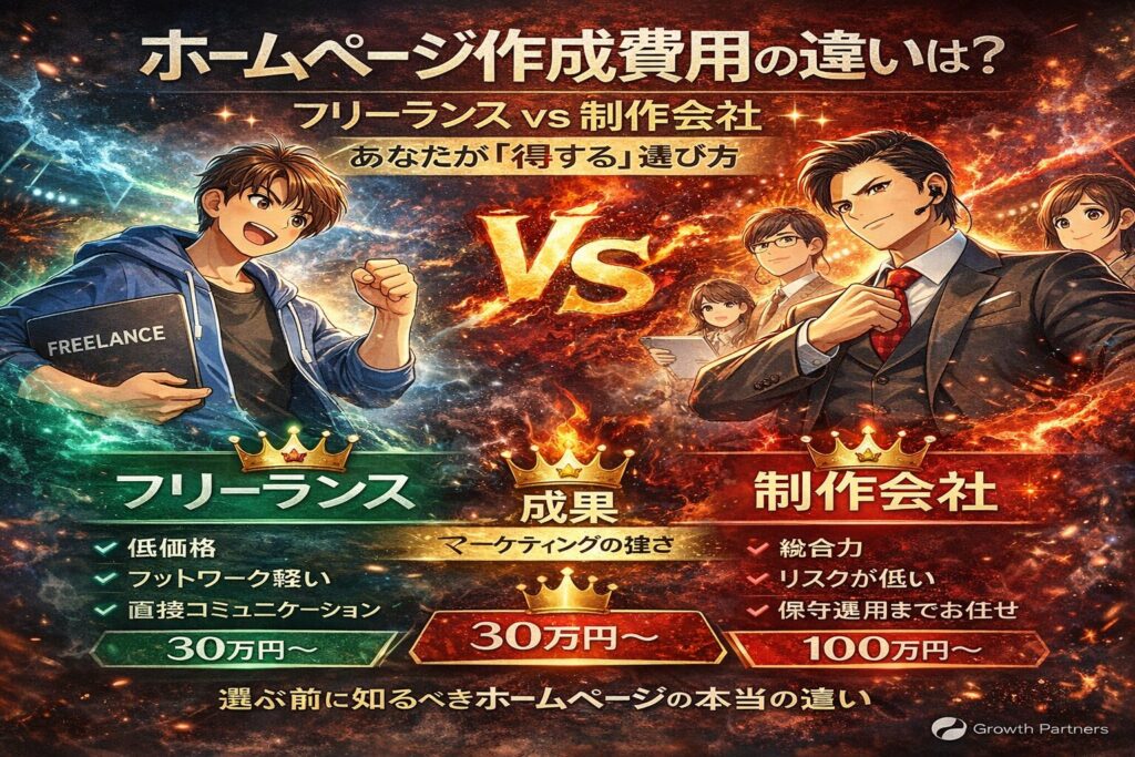 フリーランスと制作会社のホームページ作成費用を対決構図で比較し、価格差と選び方を視覚的に解説したイラスト
