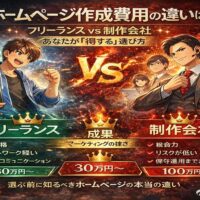 フリーランスと制作会社のホームページ作成費用を対決構図で比較し、価格差と選び方を視覚的に解説したイラスト